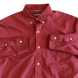 Chaps Shirt Mens M Red Navy‎ Blue Gingham Stretch Easy Care Button Down L/S